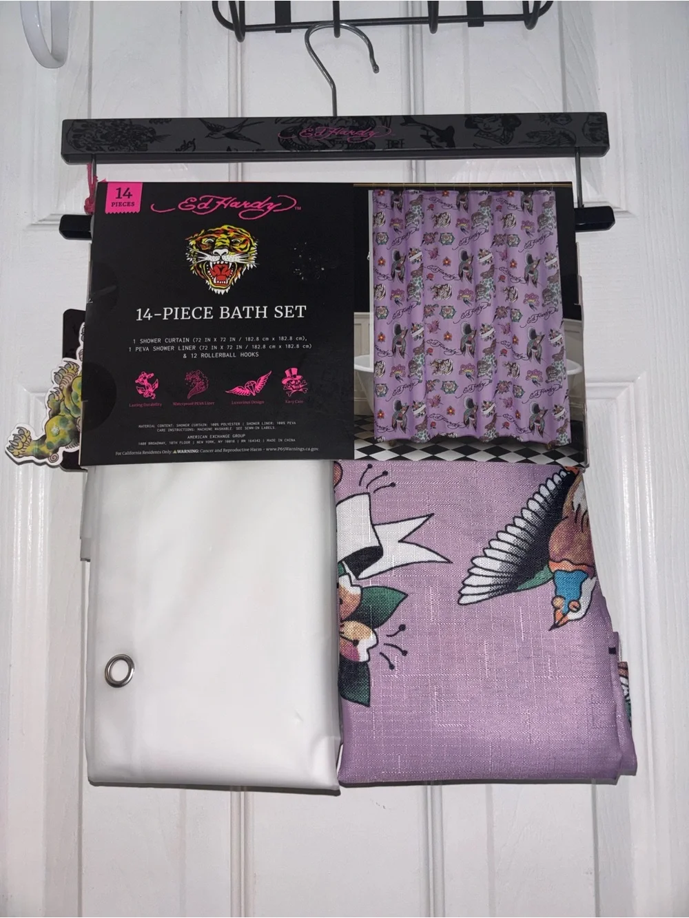 Ed Hardy Lavender Tattoo-Print Bath Set with White Liner